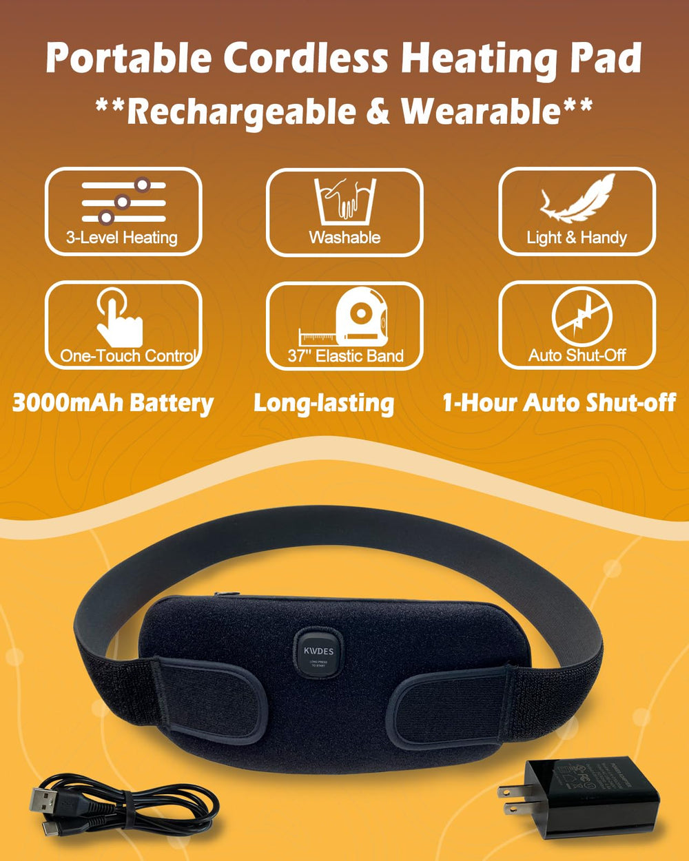 Kivdes cordless wearable heating pad worn around the torso for hands-free warmth