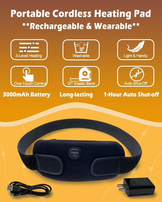 Kivdes cordless wearable heating pad worn around the torso for hands-free warmth