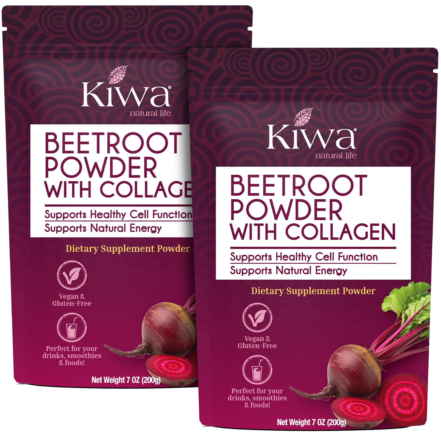 Kiwa Beetroot Powder with Collagen two-pack bags for daily nutrition.