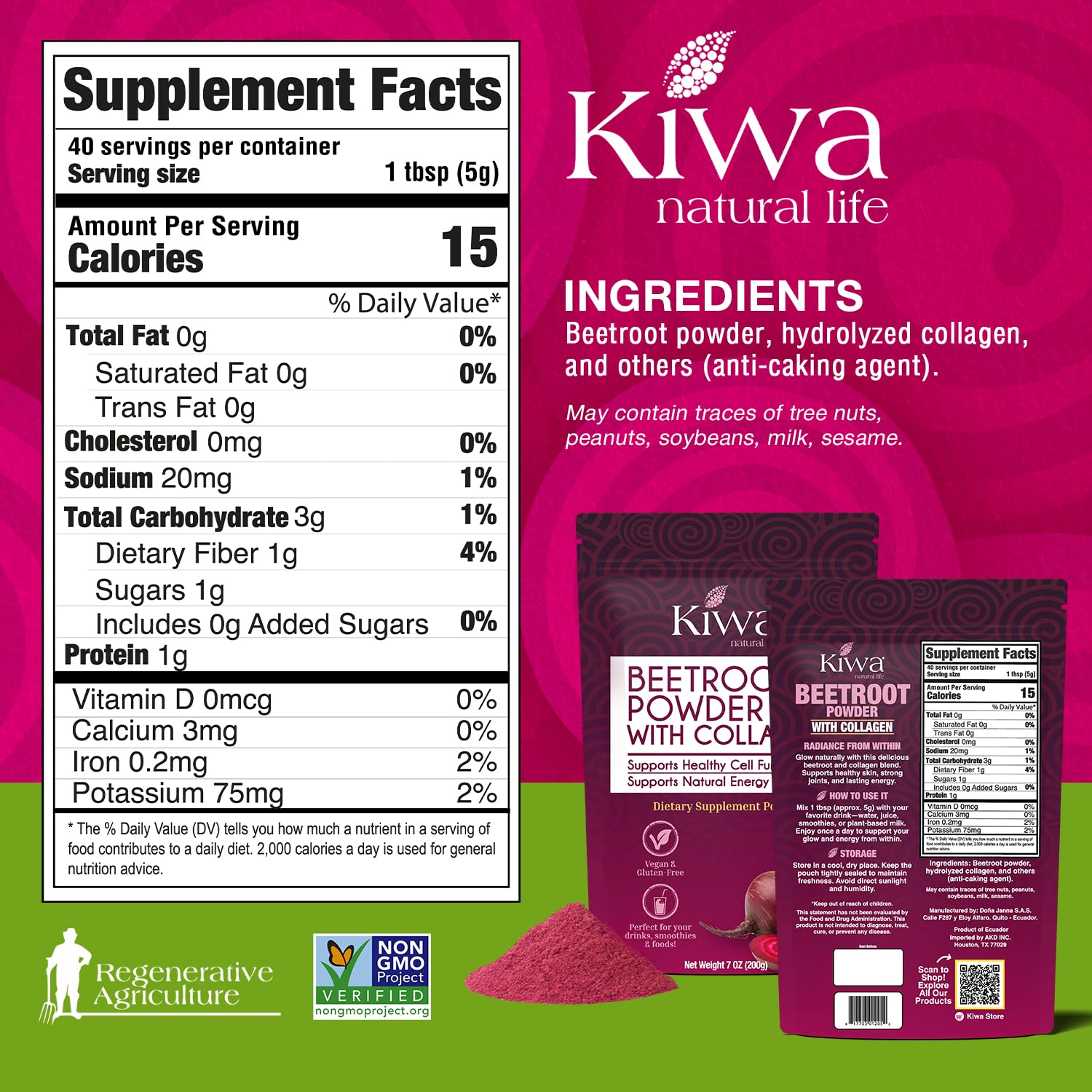 Kiwa Beetroot Powder with Collagen scoop for easy, measured servings.