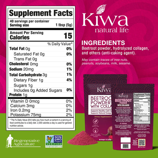 Kiwa Beetroot Powder with Collagen scoop for easy, measured servings.