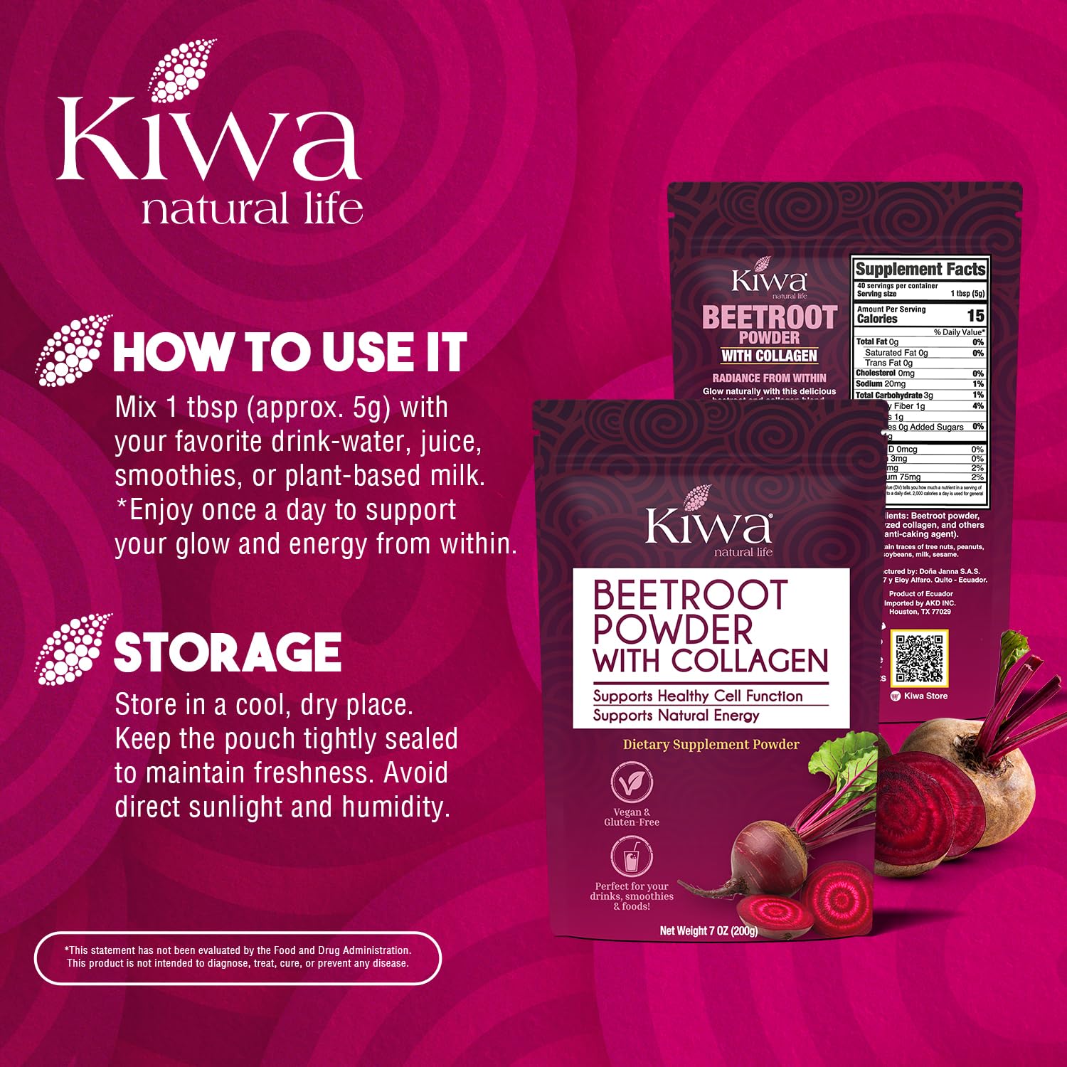 Kiwa Beetroot Powder sealed bags on a kitchen counter for daily use.