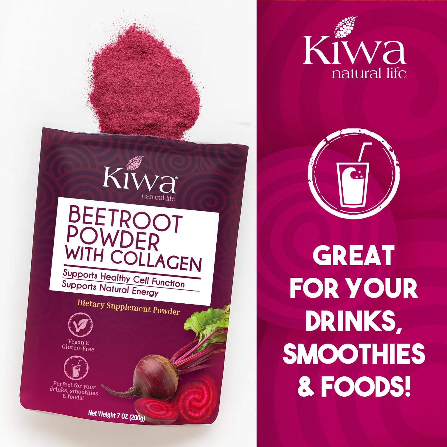 Kiwa Beetroot Powder in a smoothie bowl for color and nourishment.