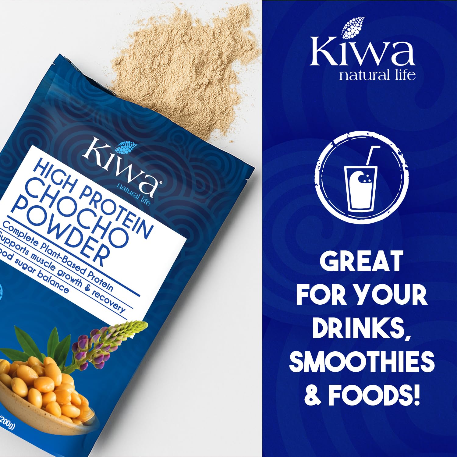 Kiwa Chocho powder bowl emphasizes versatile protein for recipes.