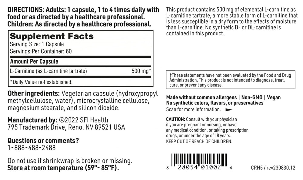 Packaging notes emphasize no synthetic D-carnitine.