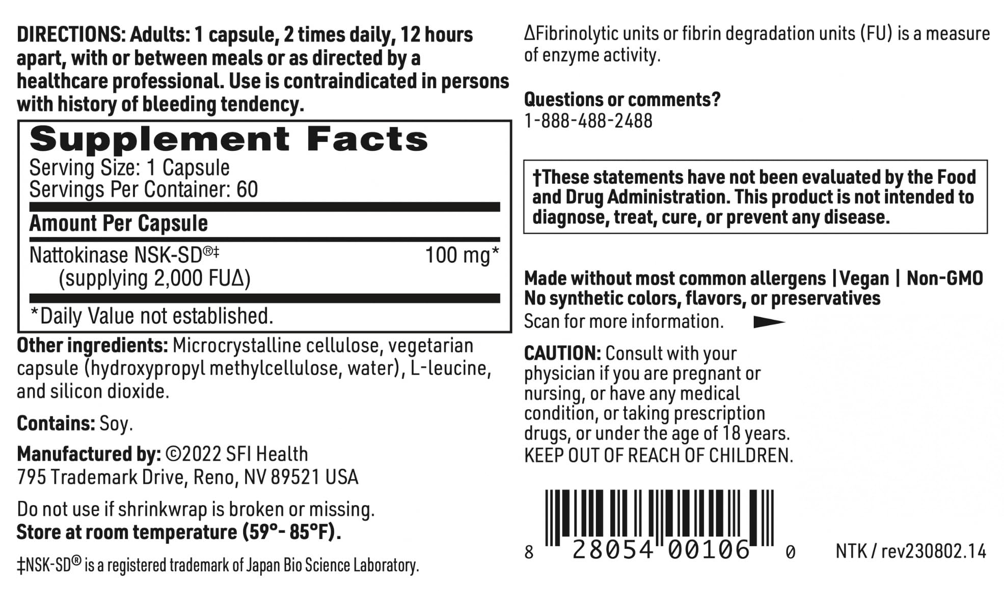Allergen-free Klaire Labs nattokinase NSK-SD for dairy- and gluten-free diets