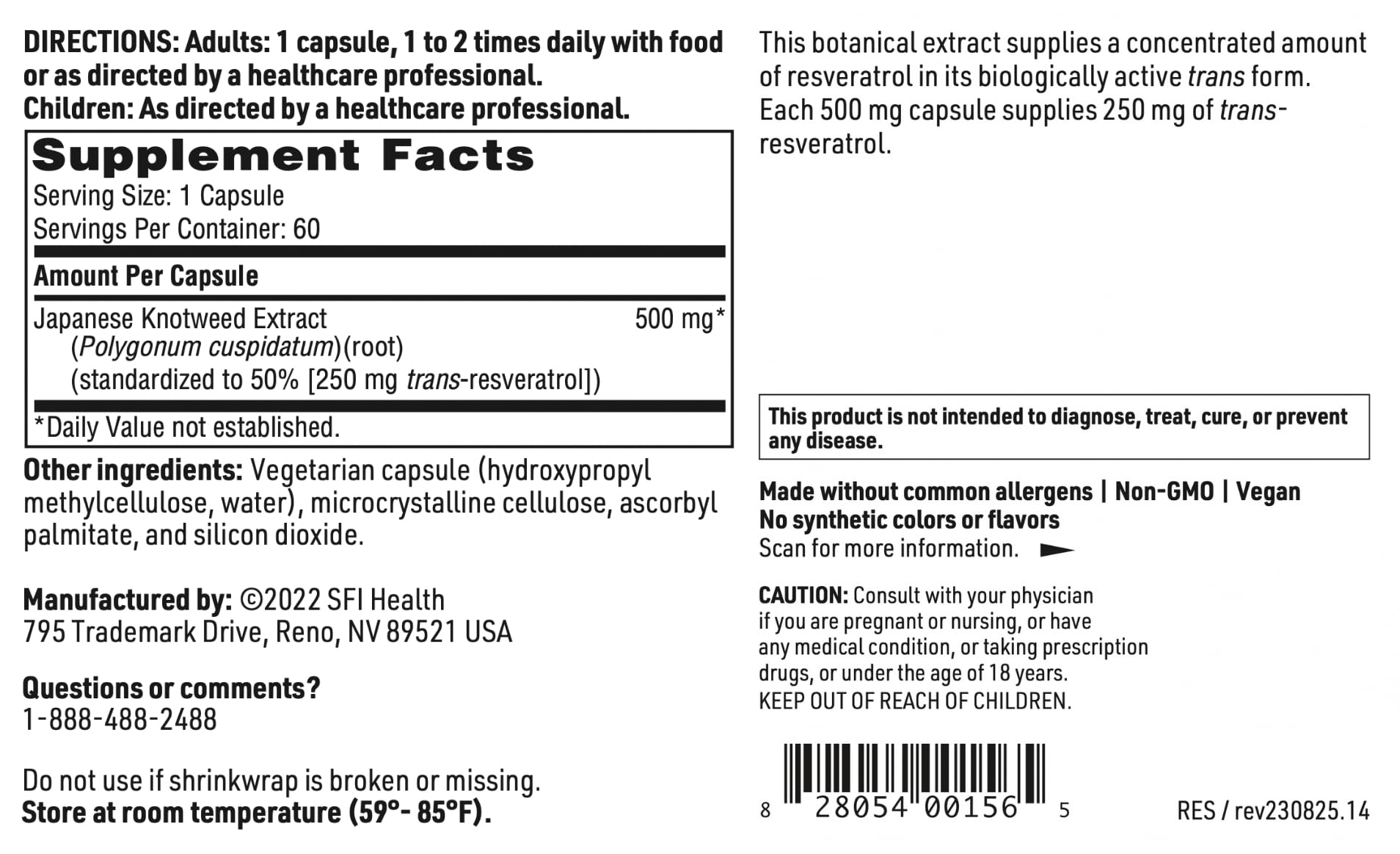 Klaire Labs Resveragen ingredients chart for transparency.