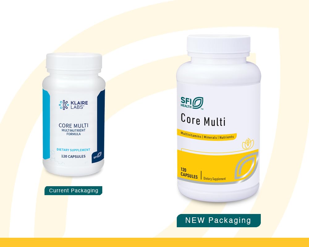 Klaire Labs SFI Health Core Multi capsules closeup shows an iron-free formula for balanced nutrition