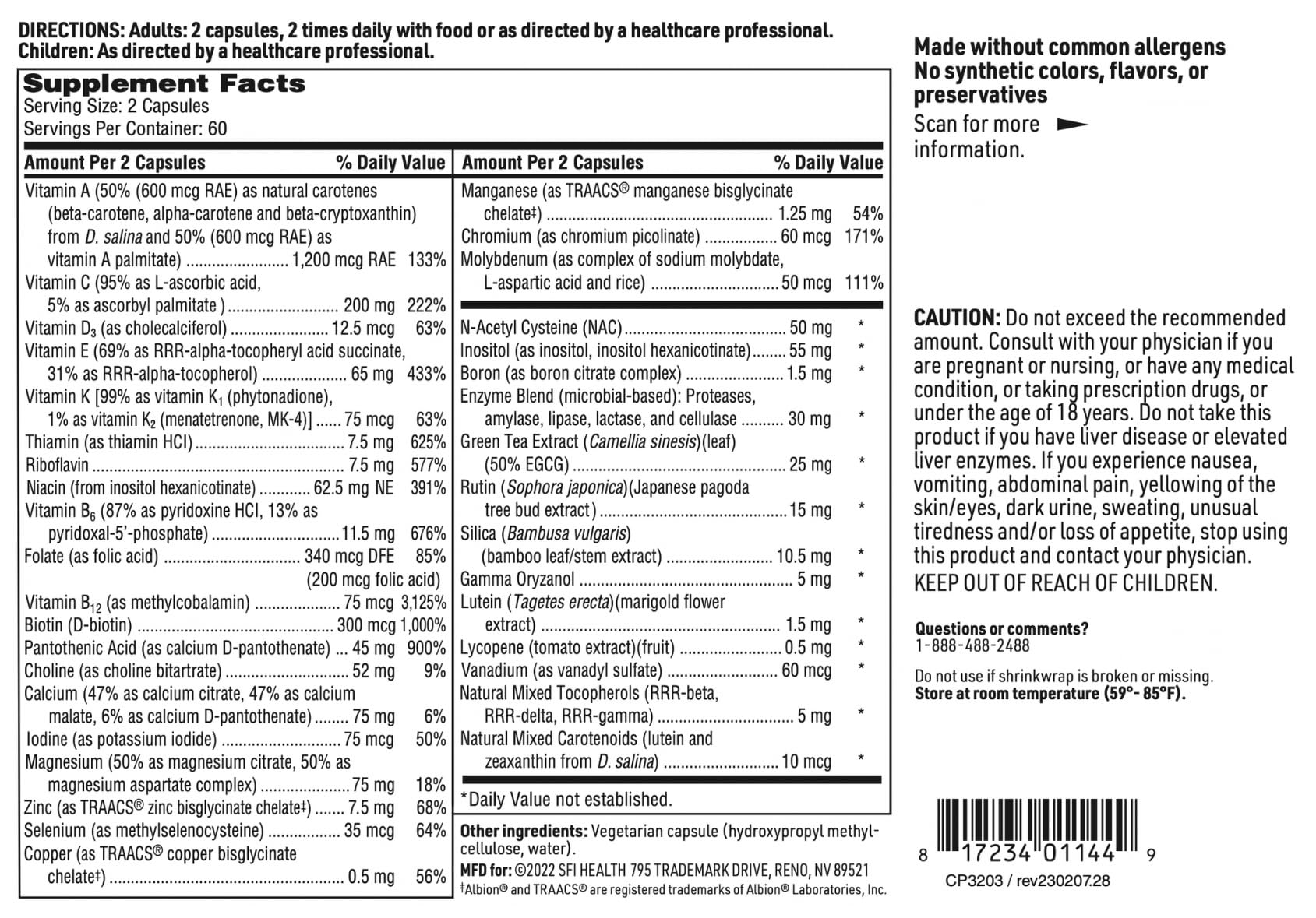 Klaire Labs SFI Health Core Multi nutrients graphic highlights carotenoids and antioxidants