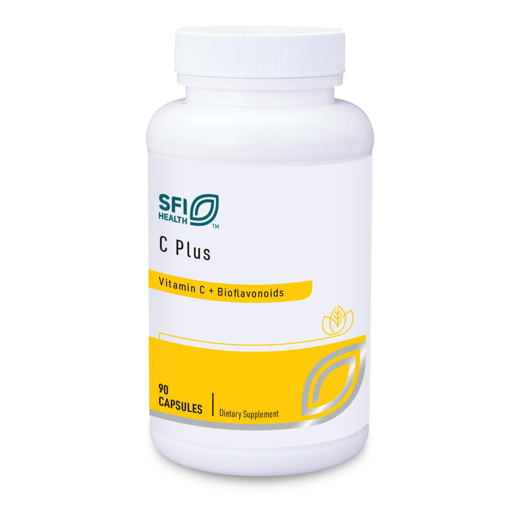Klaire Labs SFI Health C Plus bottle showcases allergen-free vitamin C formula.