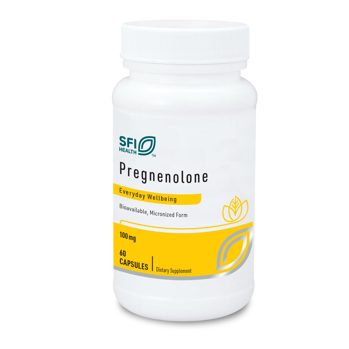 Klaire Labs SFI Health Pregnenolone bottle with 60 capsules for daily vitality support.