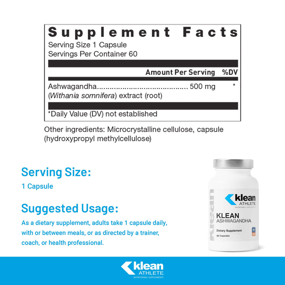 Klean Athlete Klean Ashwagandha bottle front promotes vegan adaptogen for training days.
