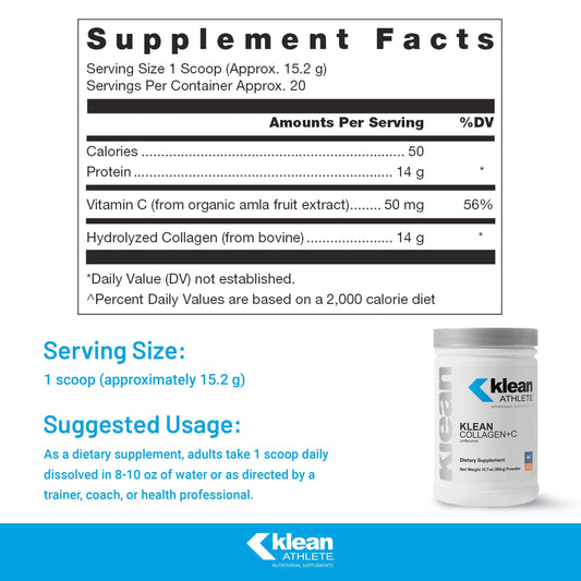 Klean Athlete Klean Collagen+C label-front shows ingredients and branding.