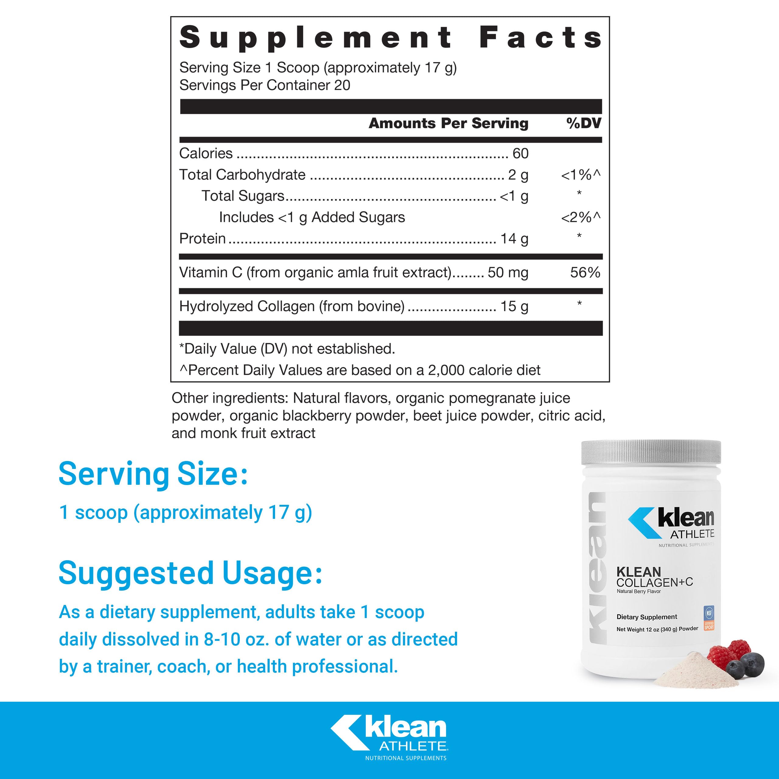 Powder scoop beside Klean Collagen+C bottle highlights convenient post-exercise usage.