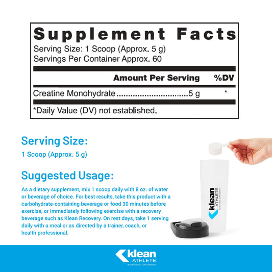 Klean Athlete Klean Creatine bottle back label—certifications and product details for trusted performance.
