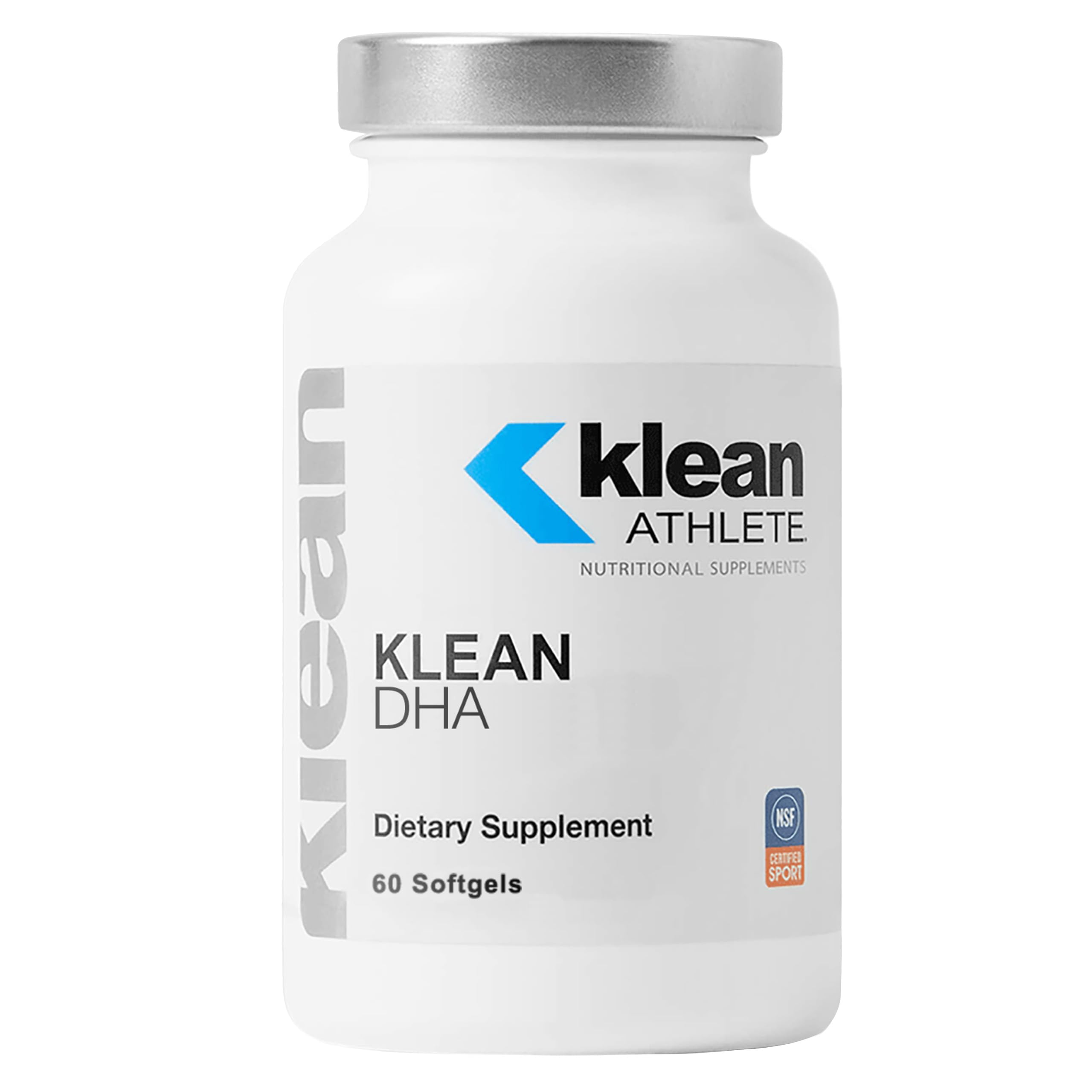 Klean DHA bottle front view highlighting omega-3 DHA per serving for heart and joint support.
