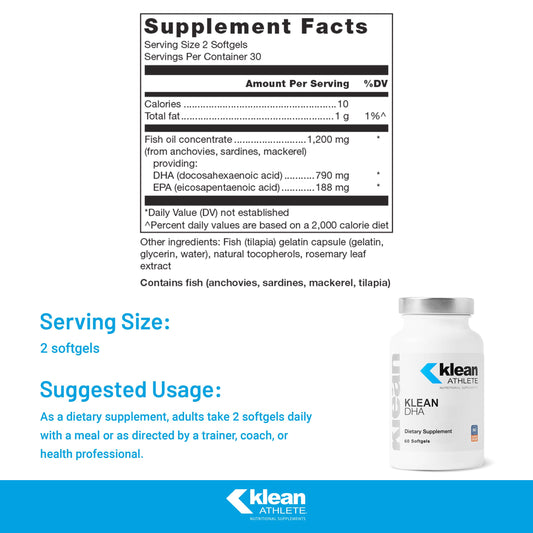 Klean DHA bottle side view showing label details and NSF certification.