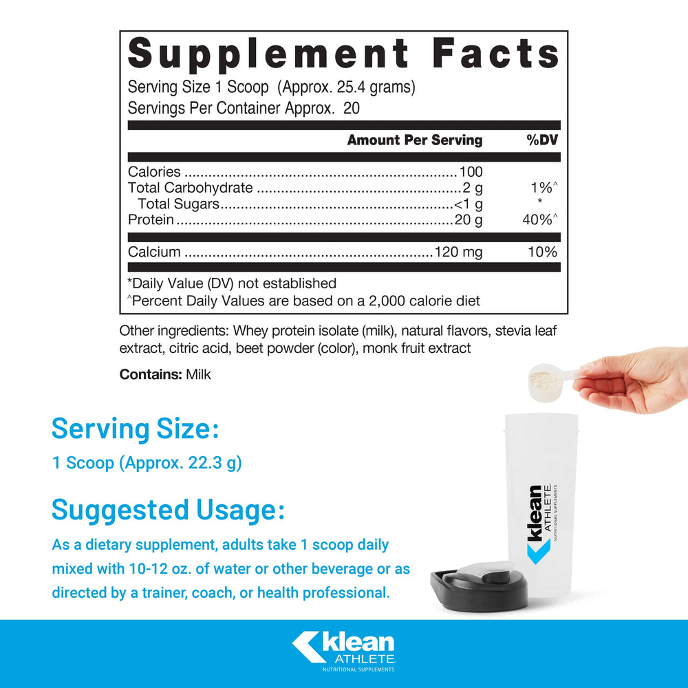 Klean Isolate strawberry powder ready to mix into drinks for daily use.