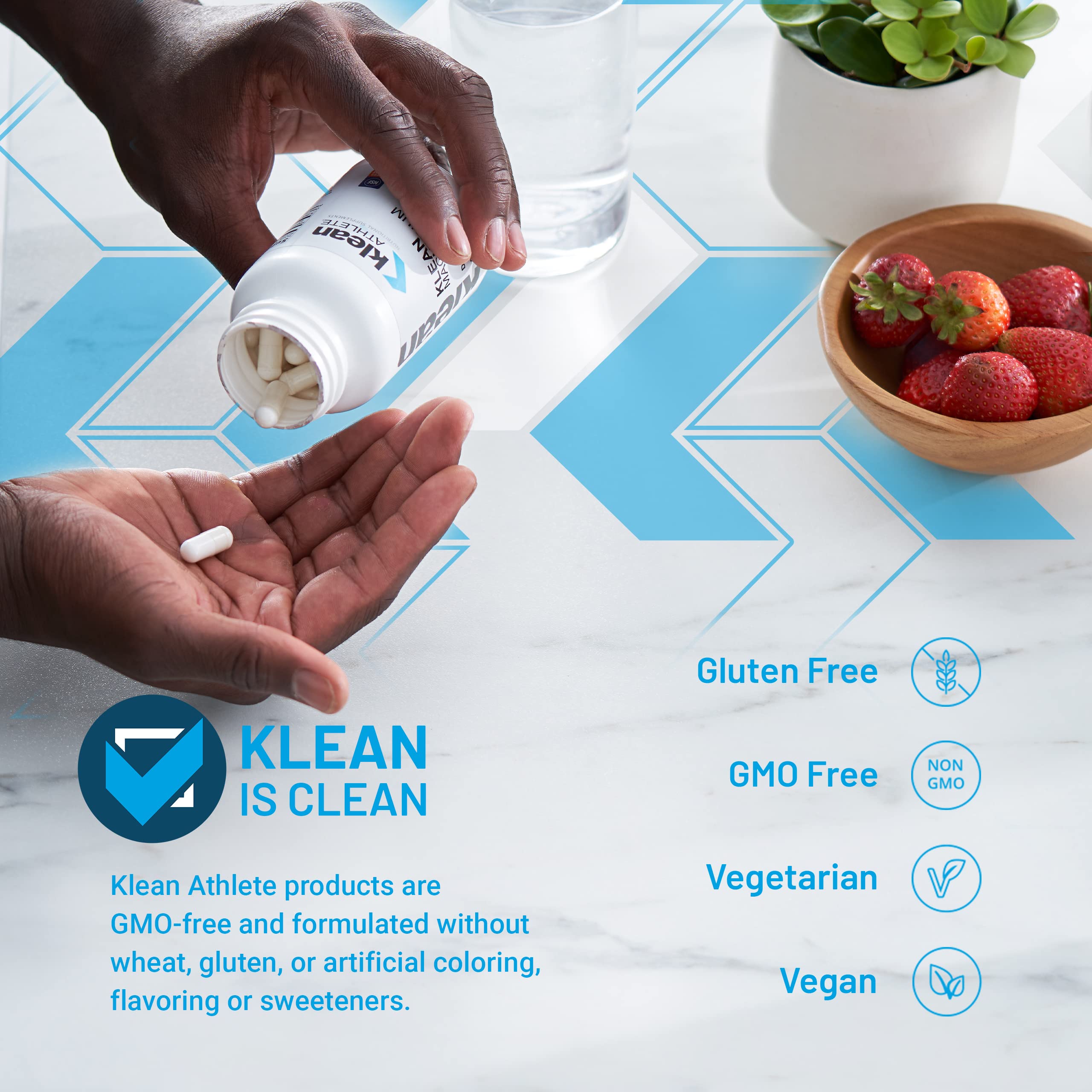 Klean Athlete Klean Magnesium bottle on counter, supports energy and recovery during training.