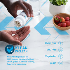 Klean Athlete Klean Magnesium bottle on counter, supports energy and recovery during training.