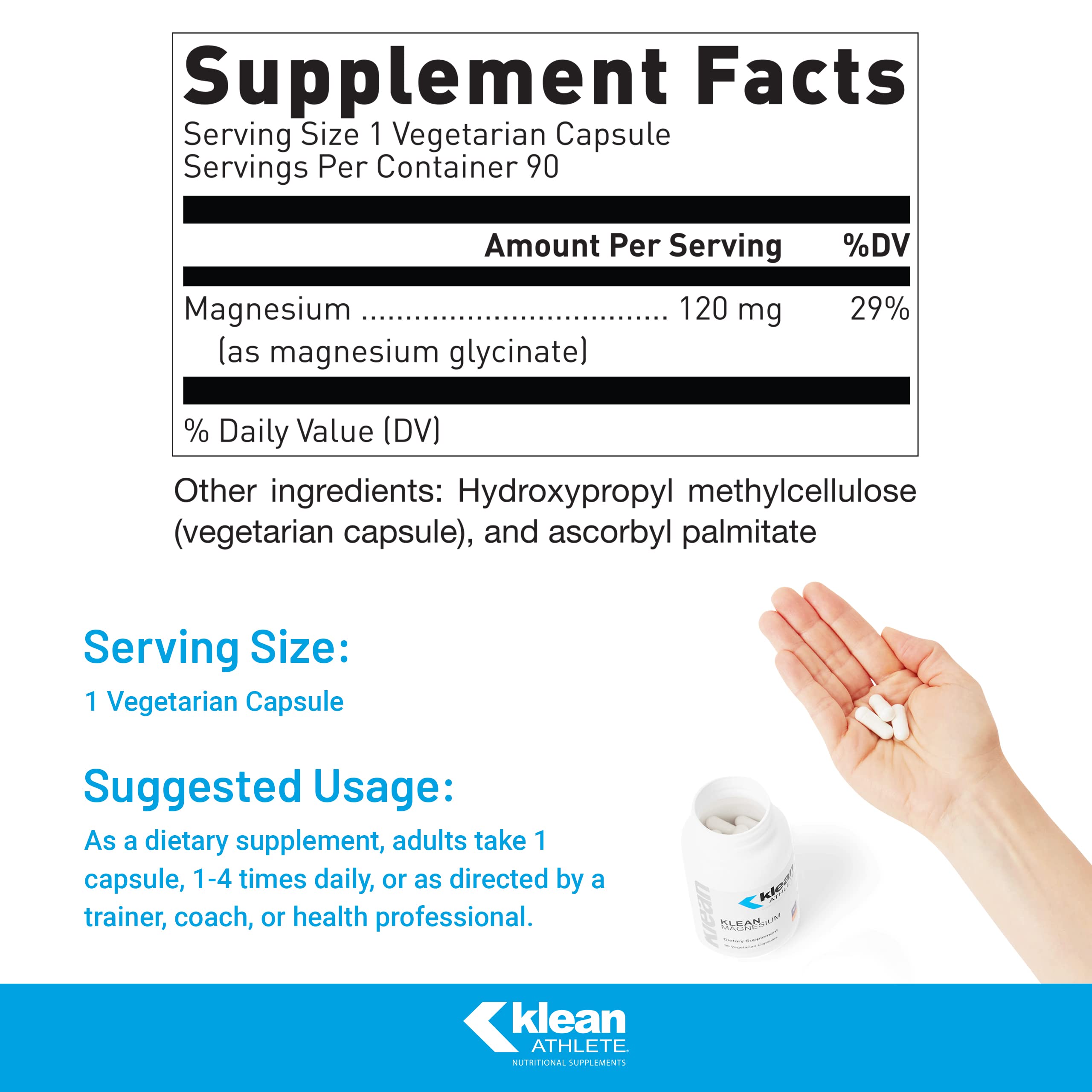 Closeup of Klean Magnesium capsules, easy-to-swallow for athletic use and muscle support.