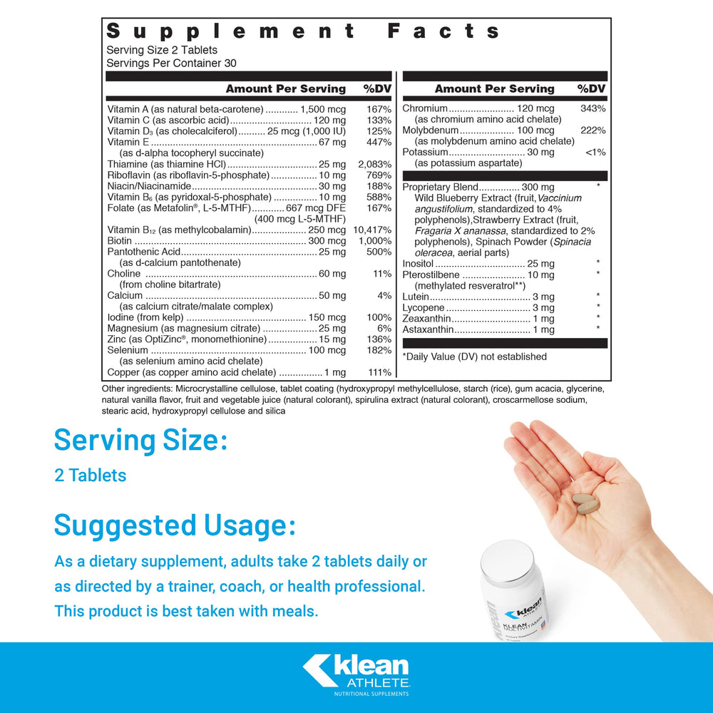 Klean Athlete multivitamin tablets displayed for daily immune and energy support
