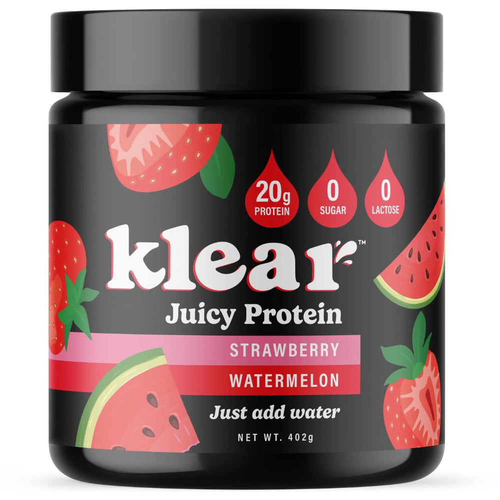 Klear clear protein bottle with strawberry-watermelon flavor for refreshing hydration