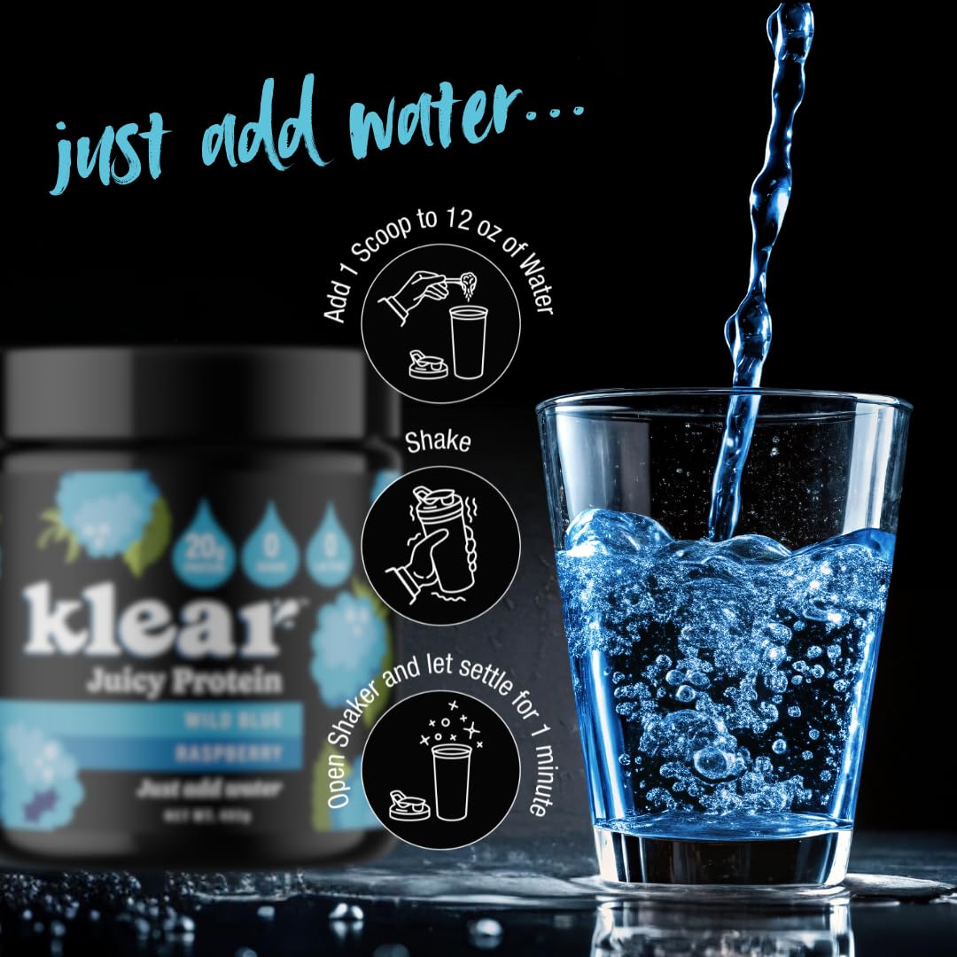 Klear clear protein shake poured from a bottle after a workout