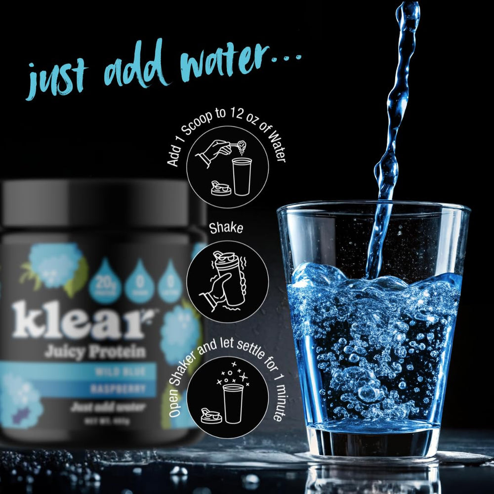 Klear clear protein shake poured from a bottle after a workout