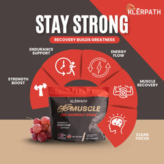 Klerpath GrōMuscle creatine blend cup emphasizes strength support.