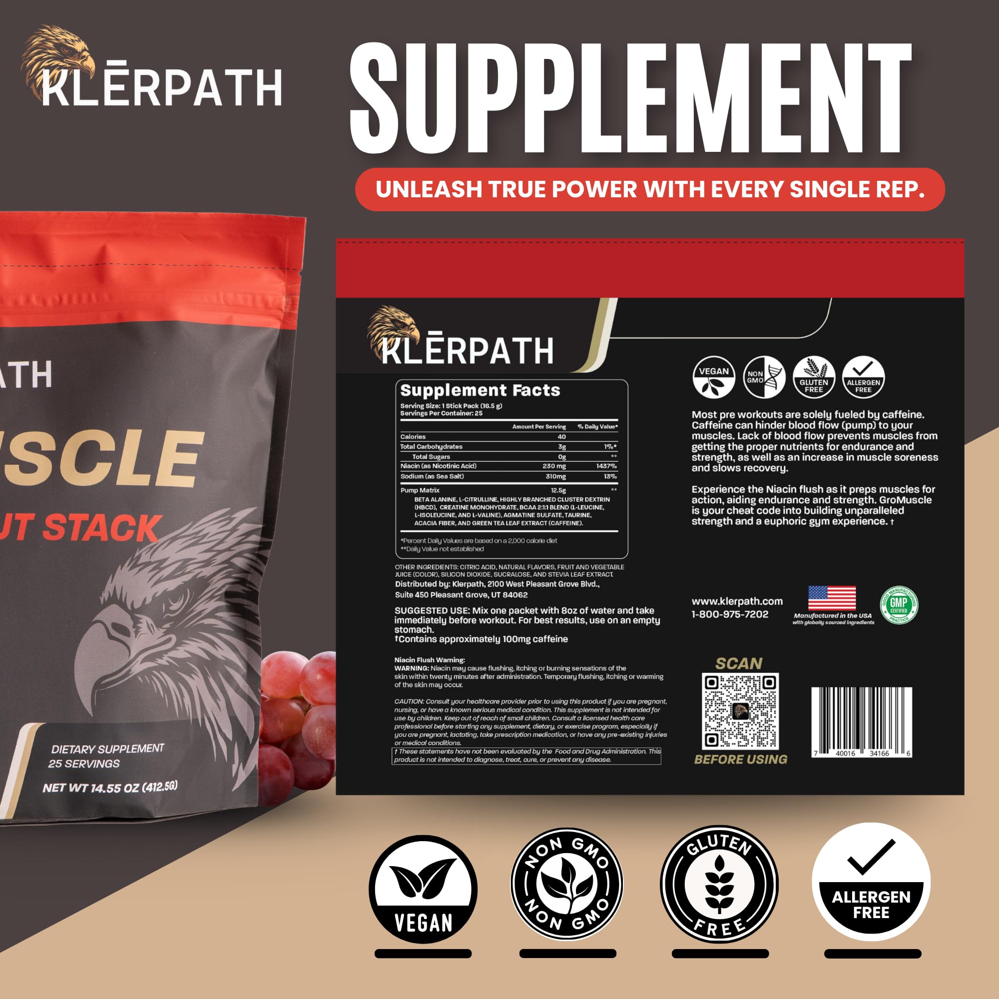 Klerpath GrōMuscle grape crush flavor pack suggests tasty on the go.