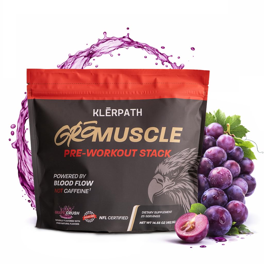 Klerpath GrōMuscle pump bottle highlights enhanced blood flow for workouts.