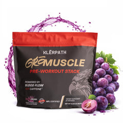 Klerpath GrōMuscle pump bottle highlights enhanced blood flow for workouts.
