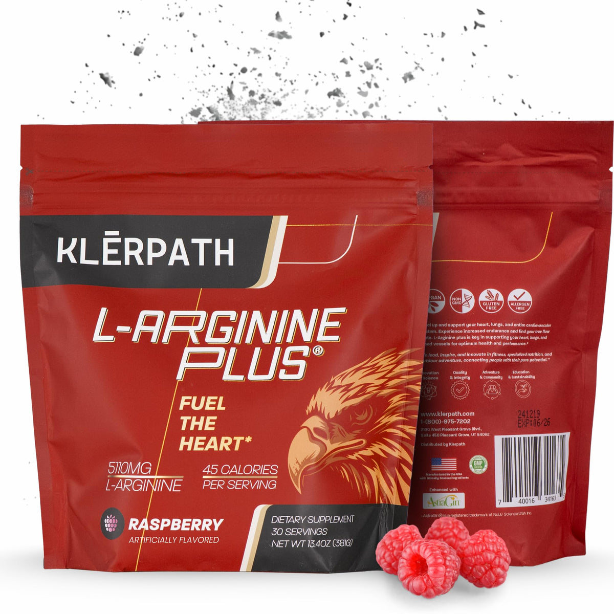 Klerpath L-Arginine Plus Raspberry powder in tub for daily athletic support.