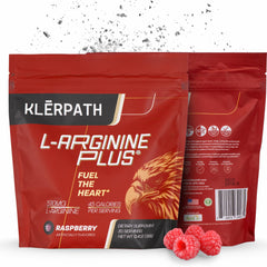 Klerpath L-Arginine Plus Raspberry powder in tub for daily athletic support.