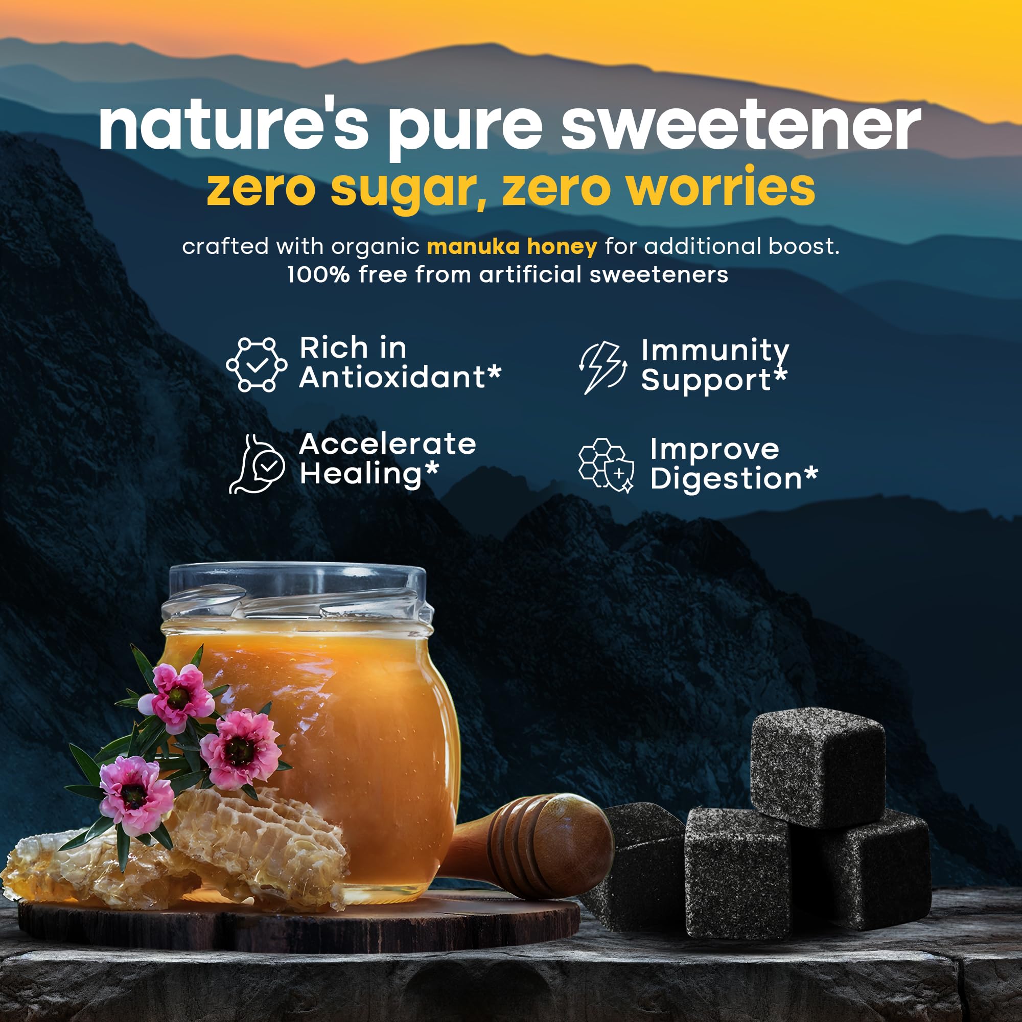 KLEVIRO Shilajit Gummies close-up shows texture and Manuka honey sweetness.