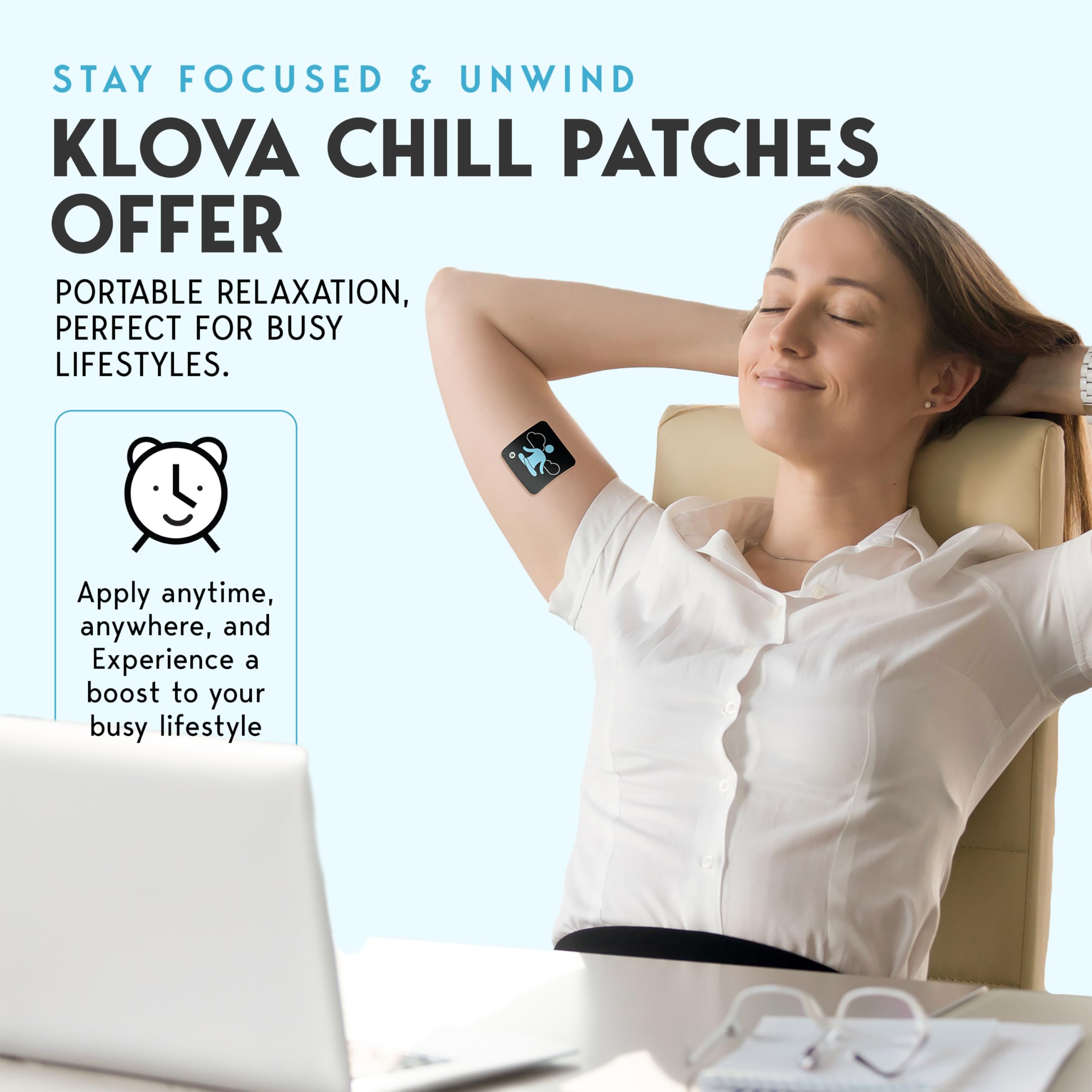 Wearable Klova Chill Patch conveys ongoing calm during a busy day.