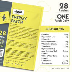 Klova Energy Patches in a morning routine scene promoting focused energy.