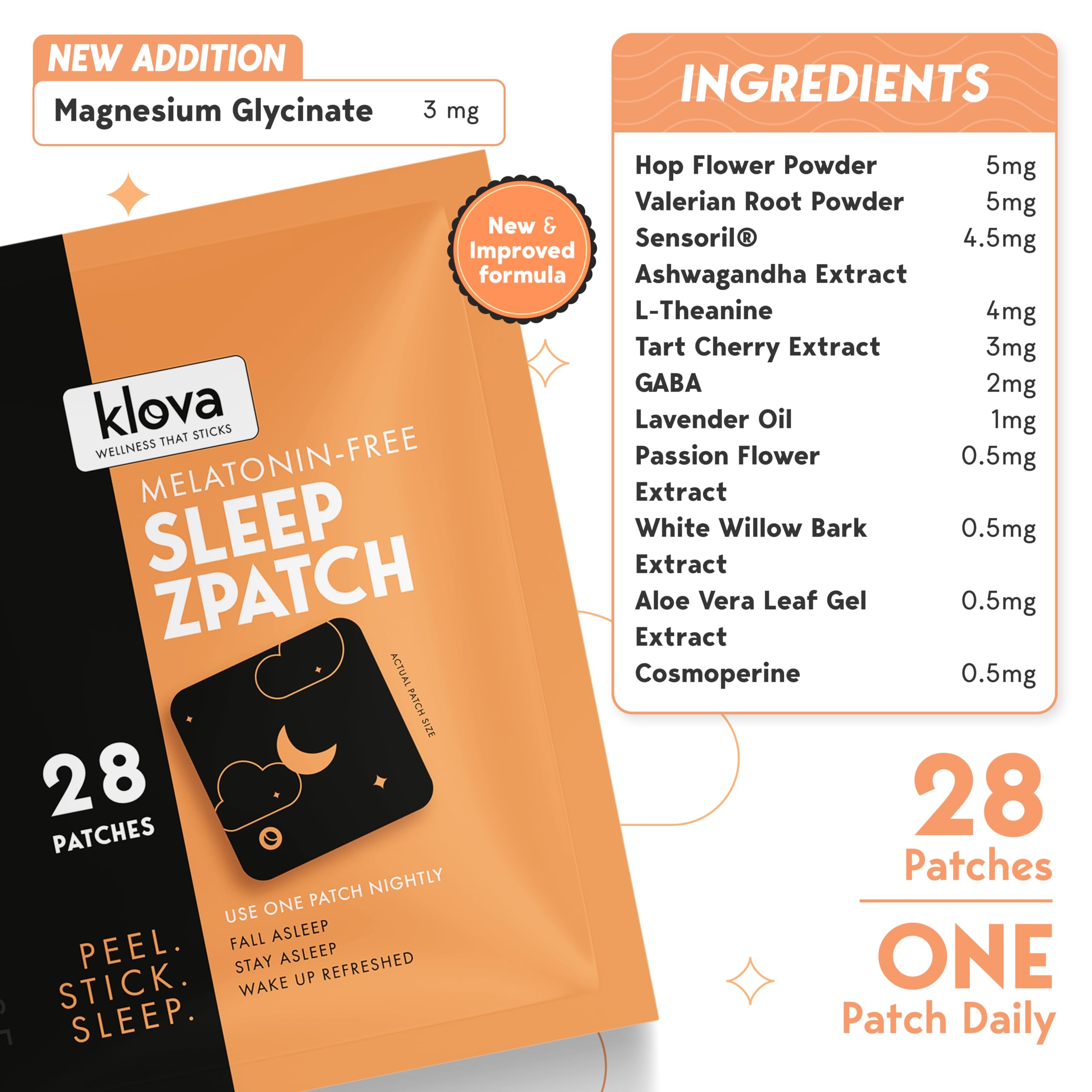 Klova melatonin-free sleep patch with ingredients highlight