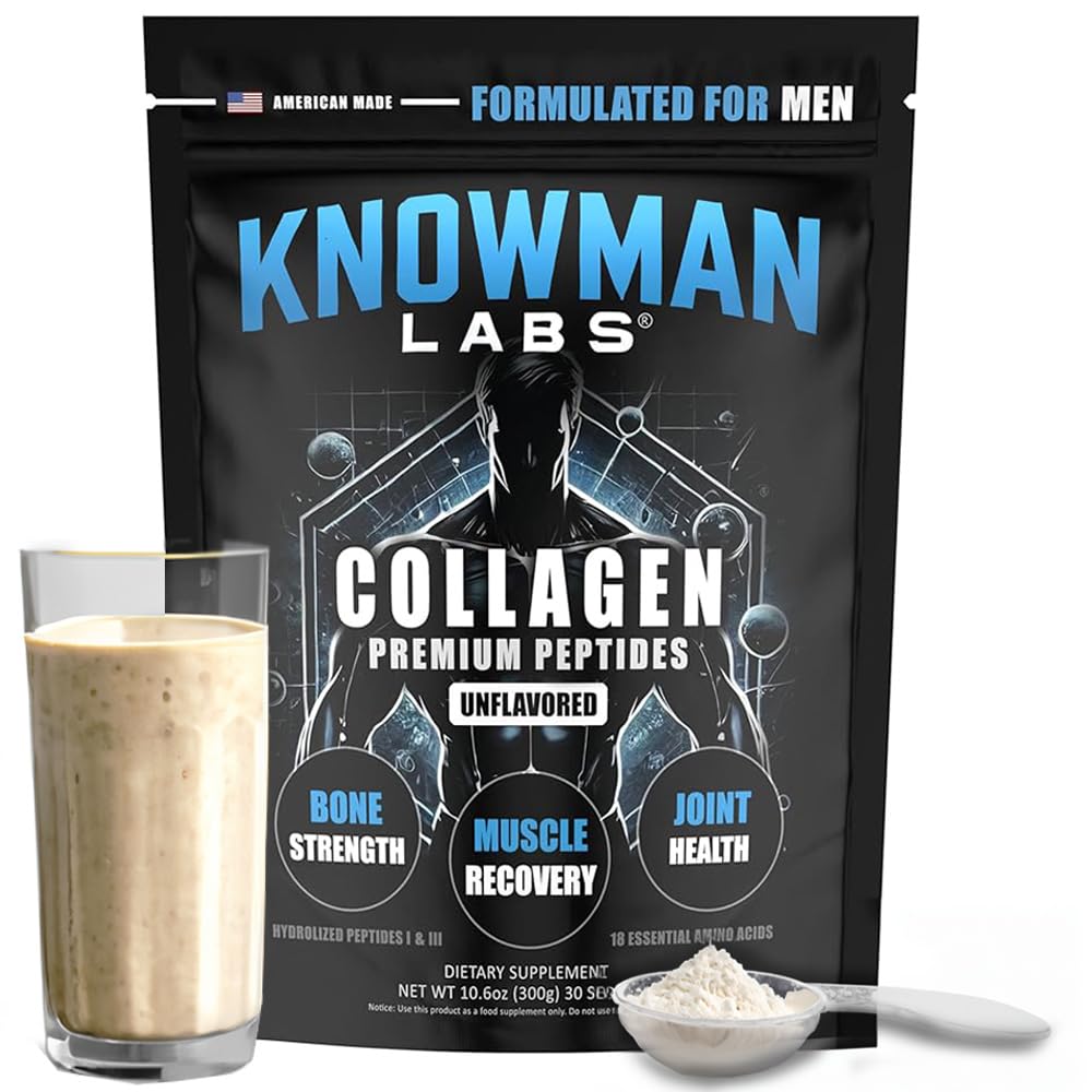 Knowman Labs Premium Collagen for Men bottle front view supports joint and muscle health.