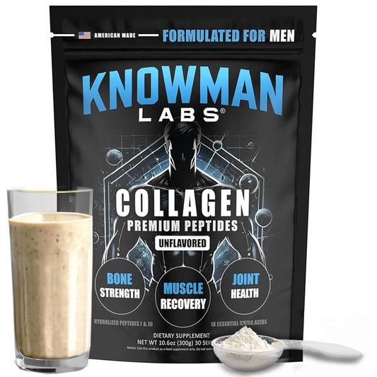 Knowman Labs Premium Collagen for Men bottle front view supports joint and muscle health.