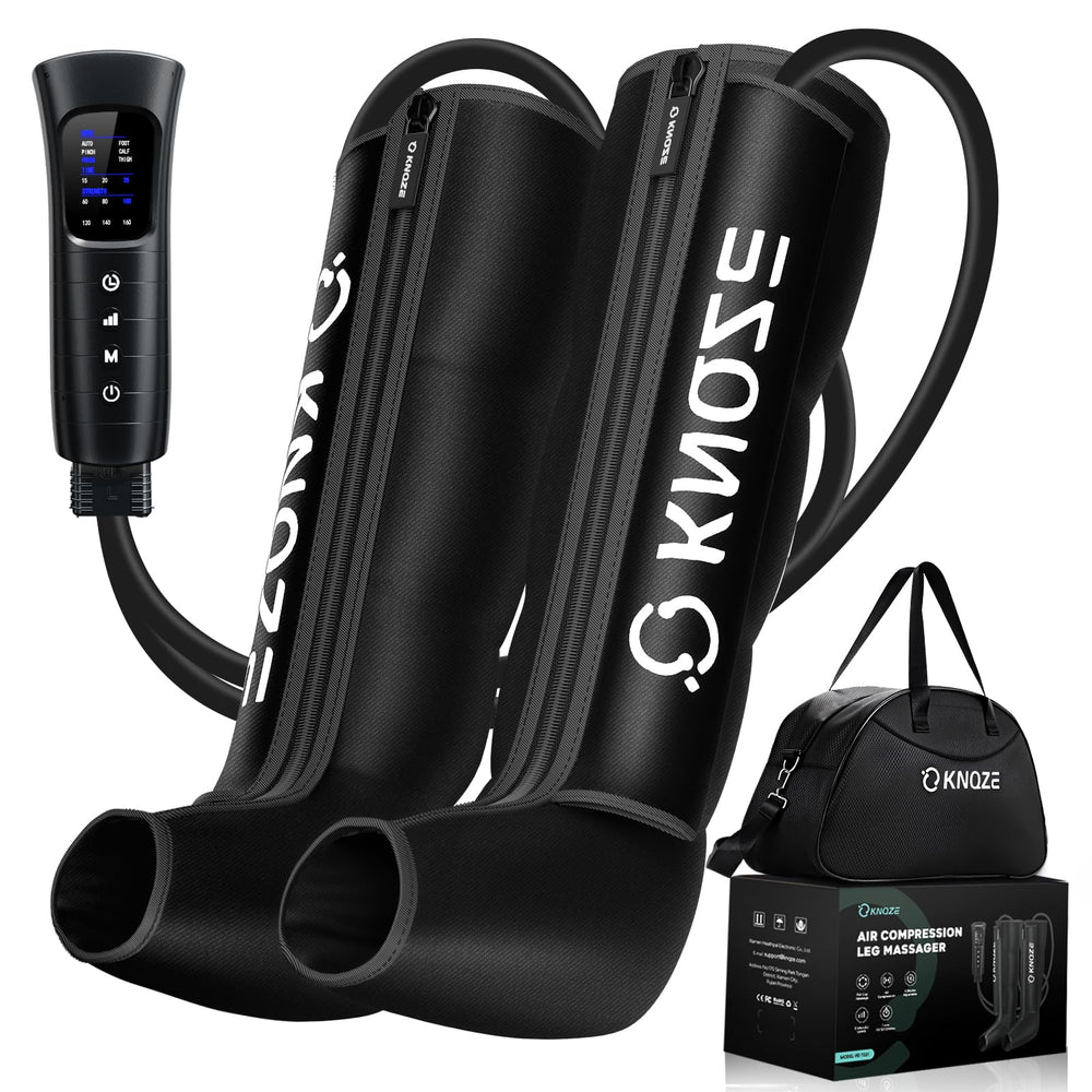 KNQZE air compression boot front view illustrates four-zone design for targeted leg support.