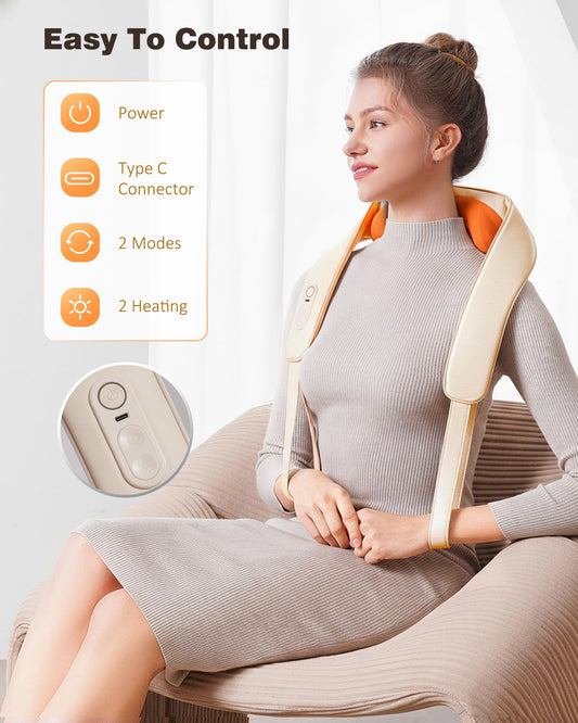 KNQZE cordless massager shown for back and neck relief in a compact form.