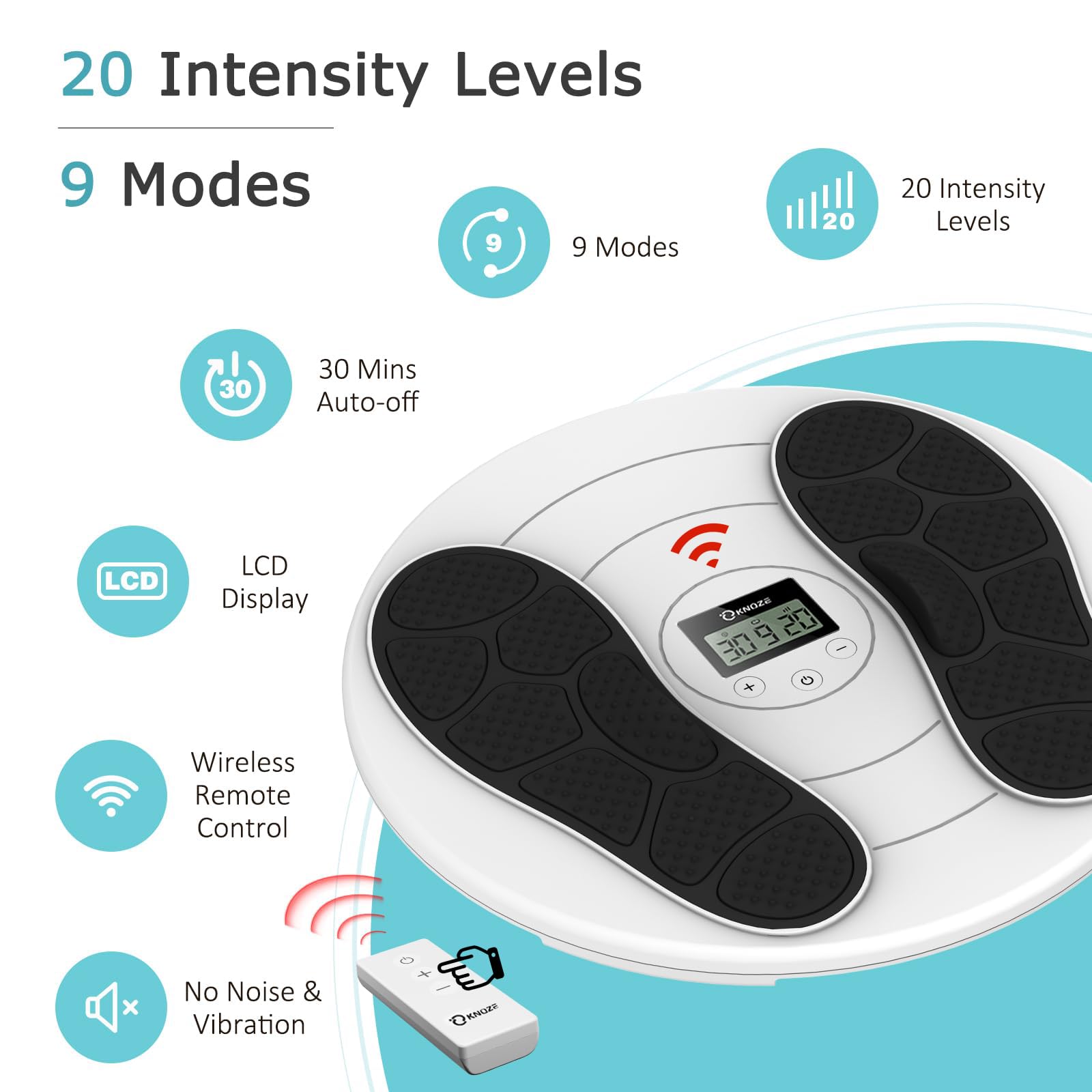 KNQZE foot massager offers 10 modes and 20 intensities for customizable therapy.