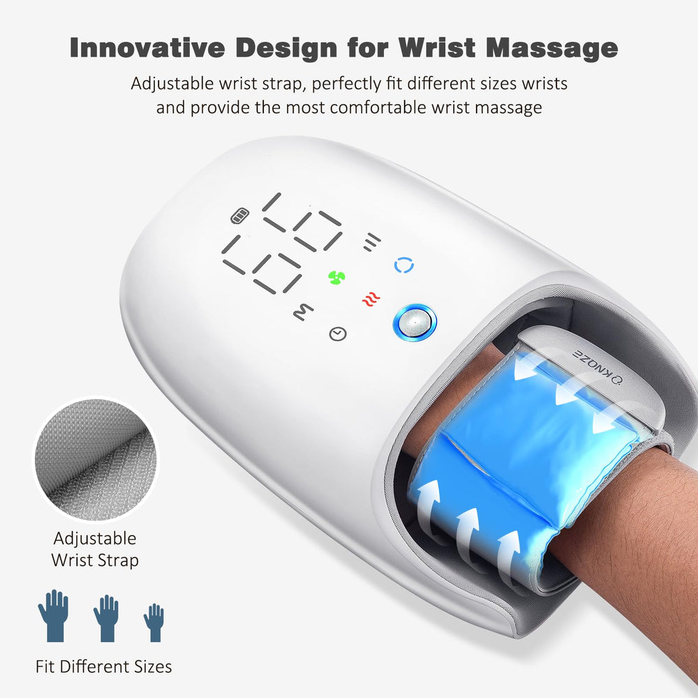 KNQZE massager showing cooling fan and adjustable heating for all-season use.