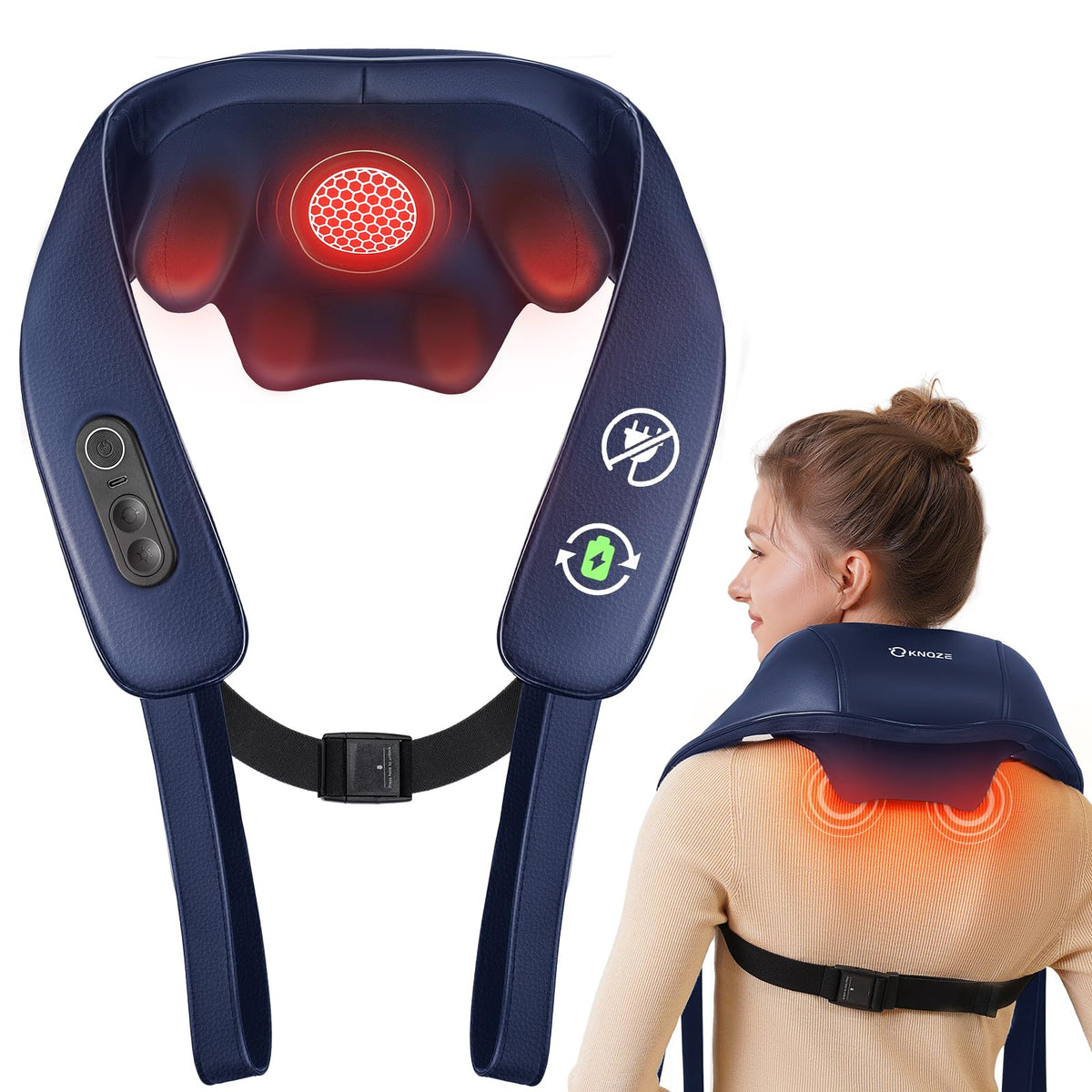 KNQZE neck massager with graphene heat pad delivering targeted warmth.