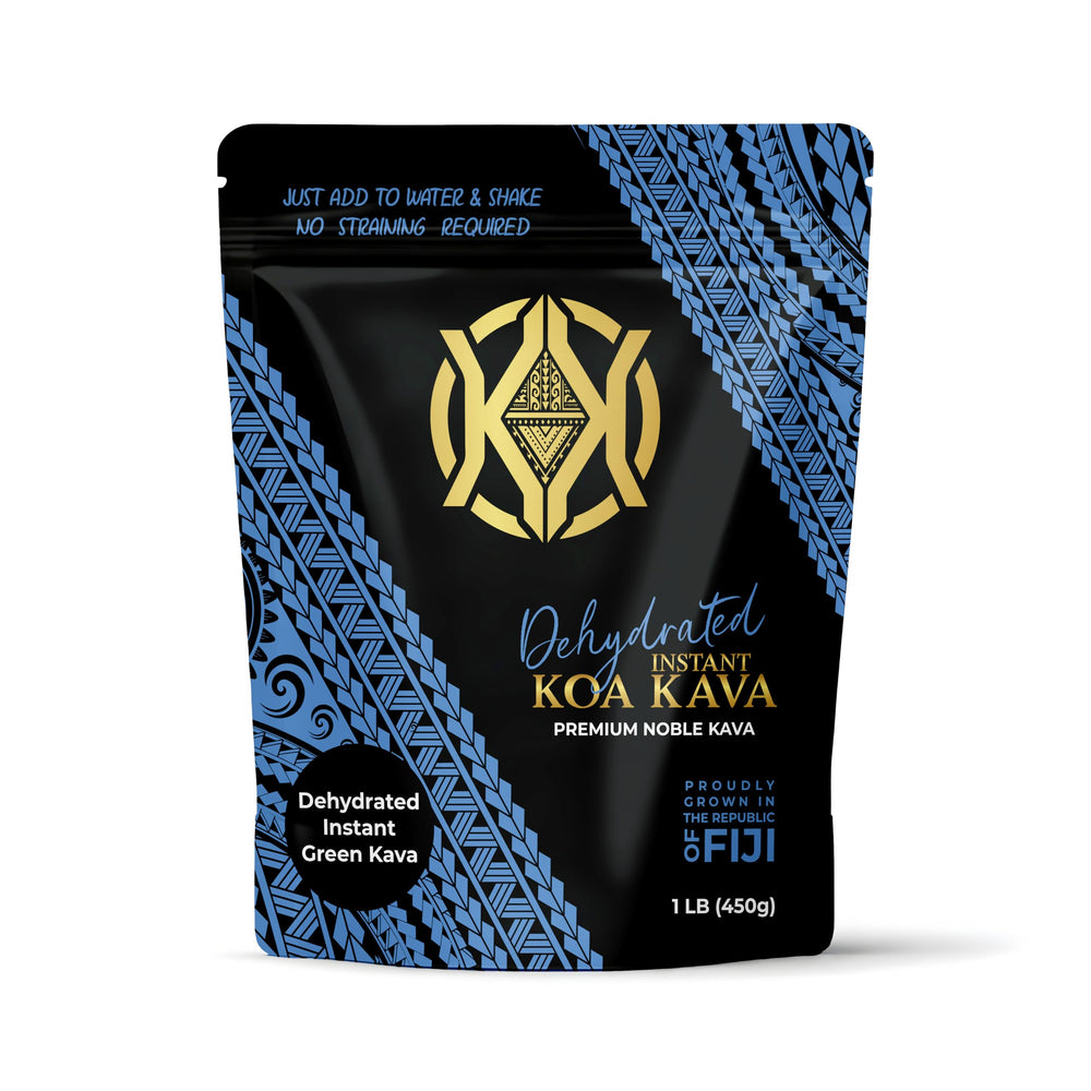 Koa Kava jar of dehydrated instant green kava powder ready for quick use