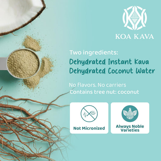 Koa Kava dehydrated kava powder with measuring scoop for easy prep