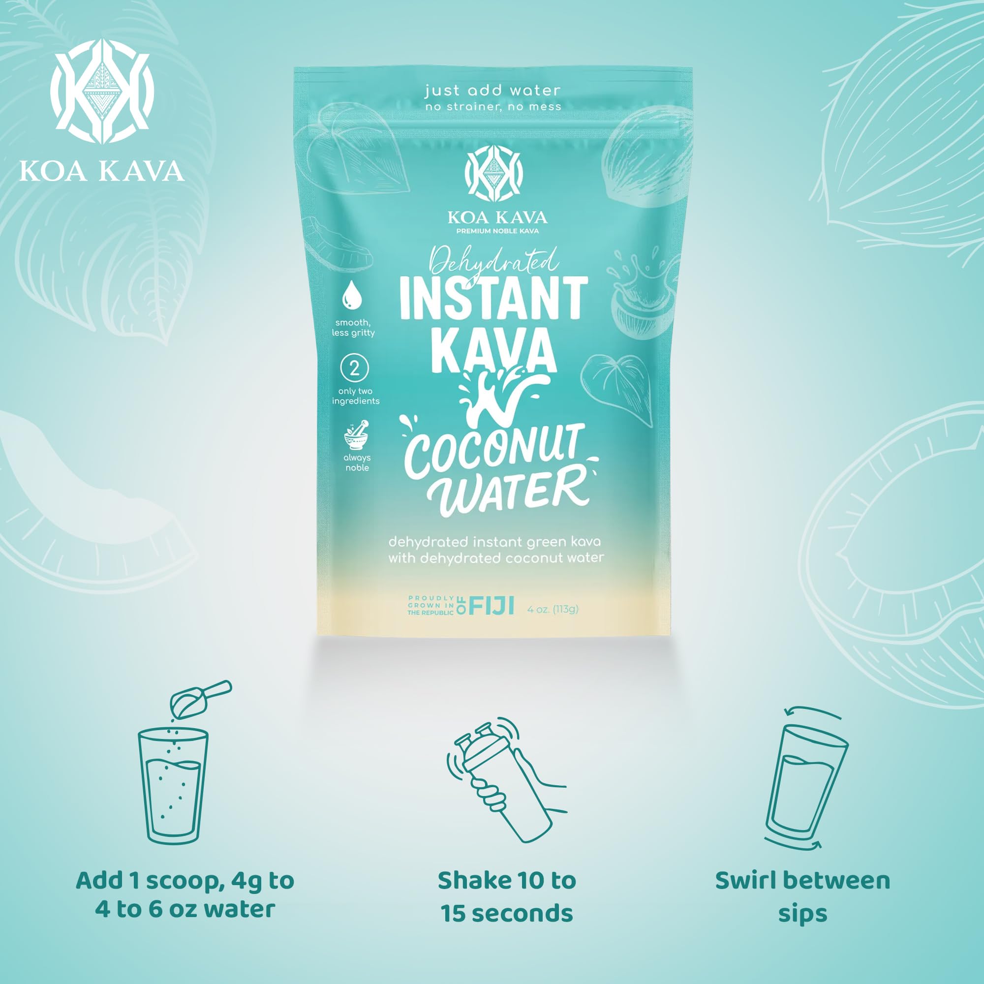 Koa Kava 56 g pouch label indicating nobles and lab-tested quality.