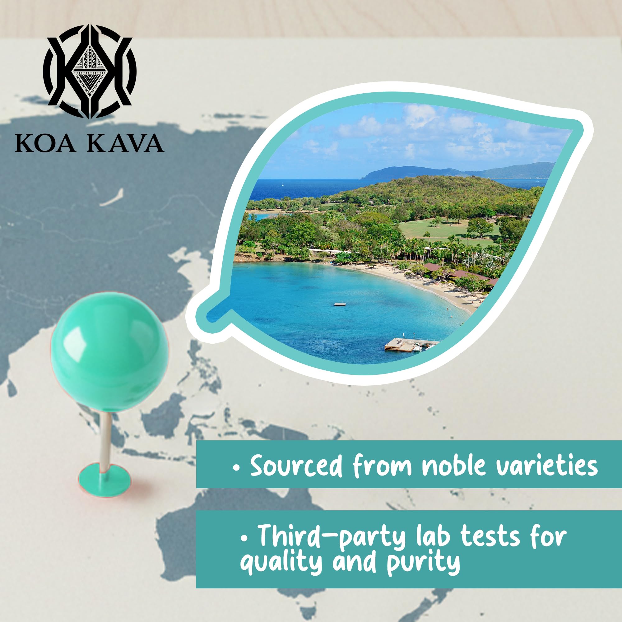Koa Kava COA label with third-party quality details.